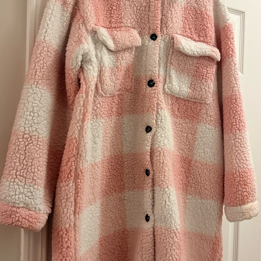 SHEIN Pink and White Checkered Teddy Jacket
